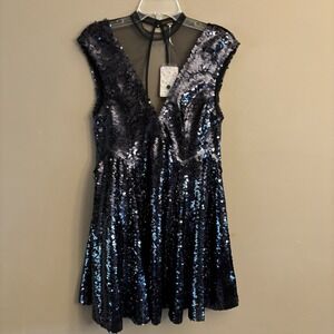 Free People Dance Till Dawn Black v-neck sequin fit flare‎ dress Size XS NWT